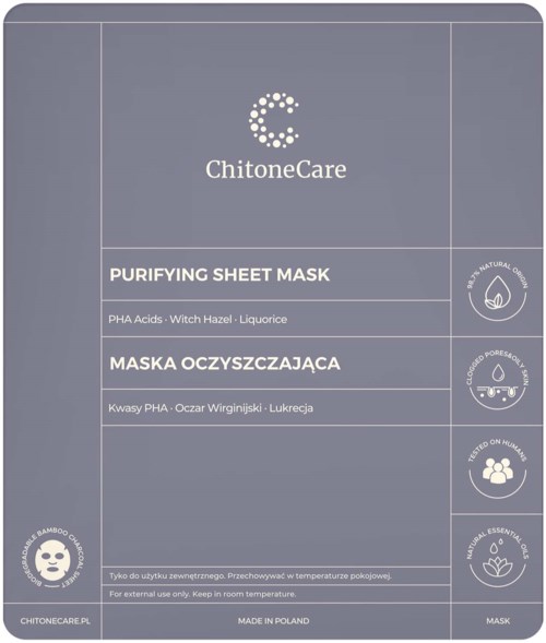 Opakowanie maski na twarz ChitoneCare, twierdzące, że oczyszcza z węglem bambusowym i naturalnymi składnikami.