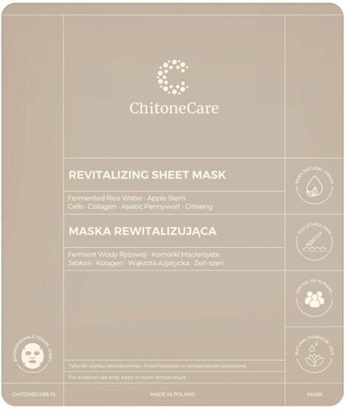 A beige sheet mask package from ChitoneCare with ingredient details and instructions in English and Polish.