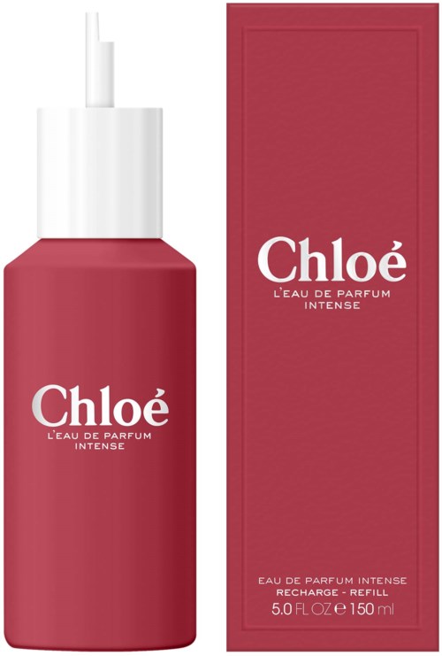 Punainen hajuvesipullo, jossa on valkoinen suutin ja samanlainen punainen laatikko, jossa lukee Chloe L'eau de Parfum Intense.