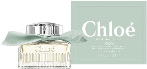 Hajuvesi pullo mintunvihreällä nauhalla ja laatikko merkinnällä 'Chloé Rose Naturelle' 100% luonnollinen hajuvesi.
