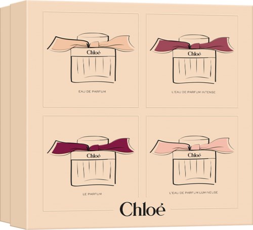 Illustration von vier Parfümflaschen mit unterschiedlichen bunten Bändern und Labels: Eau de Parfum, Intense, Le Parfum, Luminous.
