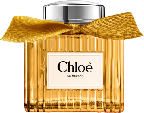 Chloé Le Nectar Parfümflasche mit Goldband und silberner Kappe.