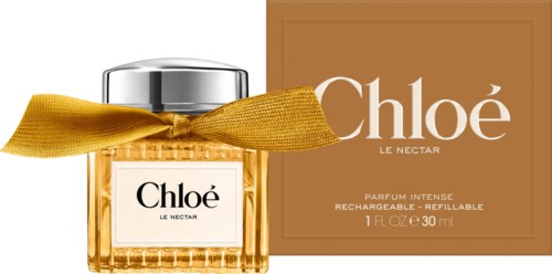 Chloé Le Nectar Parfümflasche mit goldenem Band und brauner Verpackung.