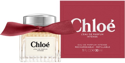 Chloé parfume flaske med rødt bånd og æske, mærket 'L'Eau de Parfum Intense.'