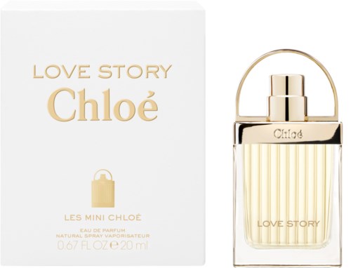 Hajuvesipakkaus ja pullo nimeltä "Love Story Chloé" kultaisilla yksityiskohdilla.