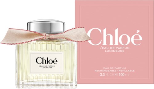 Hajuvesipullo, jonka takana on vaaleanpunainen laatikko, merkitty Chloe, L'Eau de Parfum Lumineuse, 100 ml.