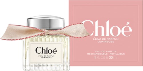 Chloe-parfyyppipullo, vaaleanpunainen laatikko ja rusetti, merkattu Luminous Eau de Parfum, 30 ml.