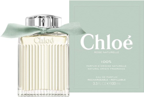 Chloé-hajuvesipullo ja vaaleanvihreä rasia, hopeinen korkki ja nauha pullon ympäri. Rasiassa on Chloé-logo.