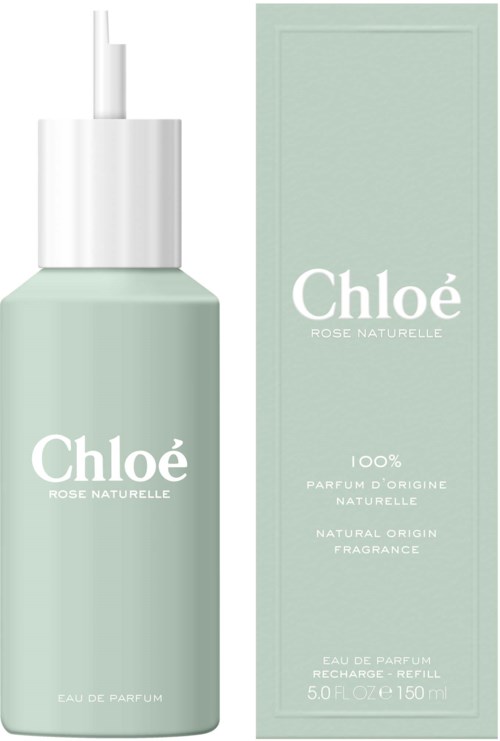 Chloé-tuoksupullo ja laatikko, vaaleanvihreä väri, valkoinen teksti, luonnon alkuperä ja tuoksun uudelleen täyttäminen.