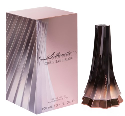 En parfume flaske og æske med elegant design, sort og lyserød gradientfarver, med navnet 'Silhouette Christian Siriano' på begge.