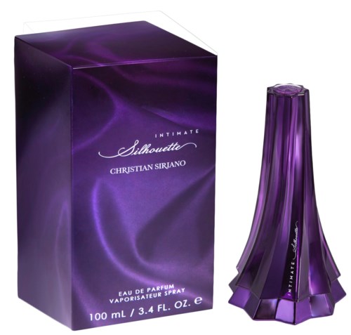 En lila parfymflaska med tillhörande box, märkt Christian Siriano, Intimate Silhouette, 100 mL.