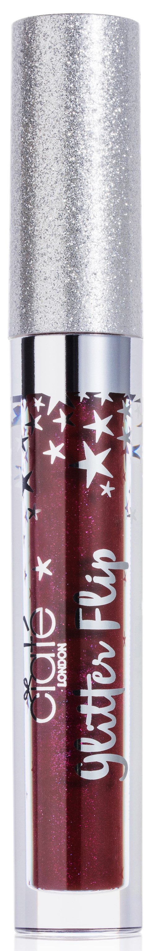 Ett läppglansrör med stjärnor och snöstjärne-dekorationer, märkt "Gleam Glitter Flip" i glittrande silver och rött.