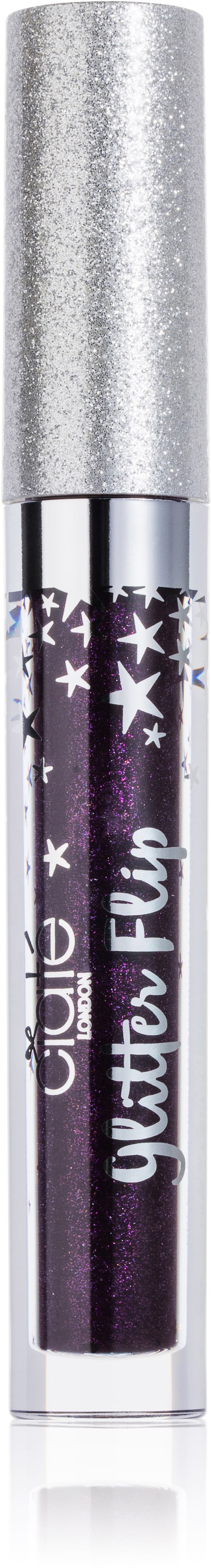 En tub med lila läppglans med silvrigt glitterlock, dekorerad med stjärnor och orden "Glitter Water Flip" på framsidan.