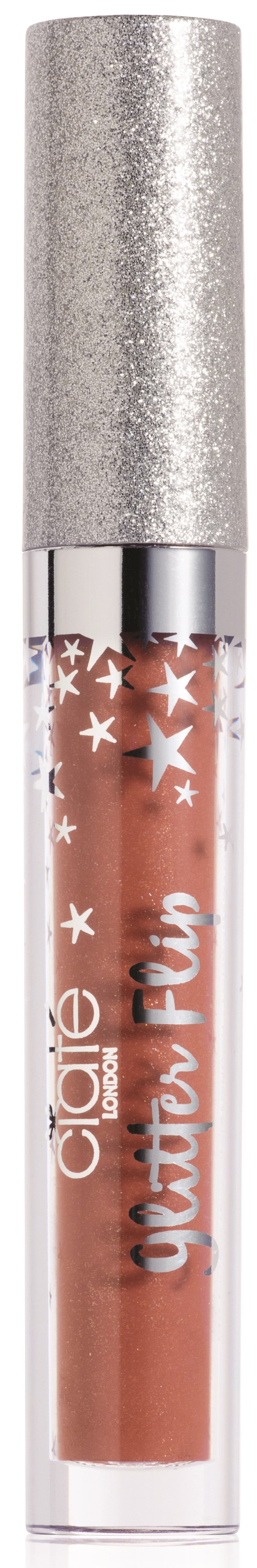 En glitterig silverrör innehåller ett persikofärgat läppglans med stjärndekorationer, märkt 'clio daring glow.'