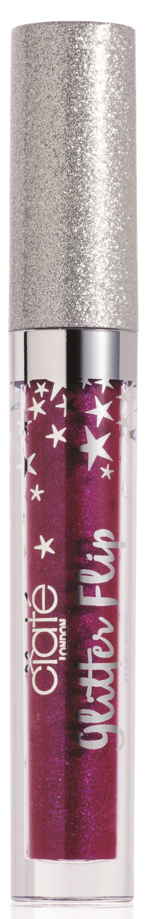 Rosa läppglans med glittery silvrigt lock och vita stjärndekorationer.