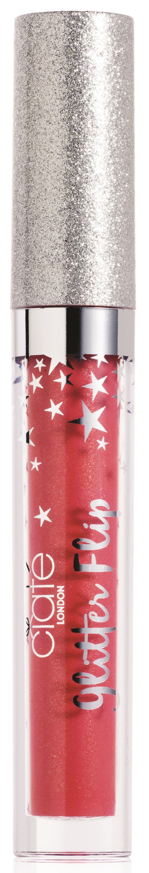 En läppglansflaska med silverlock och rosa gloss, dekorerad med vita stjärnor, märkt 'glitter glow' och 'lip gloss'.
