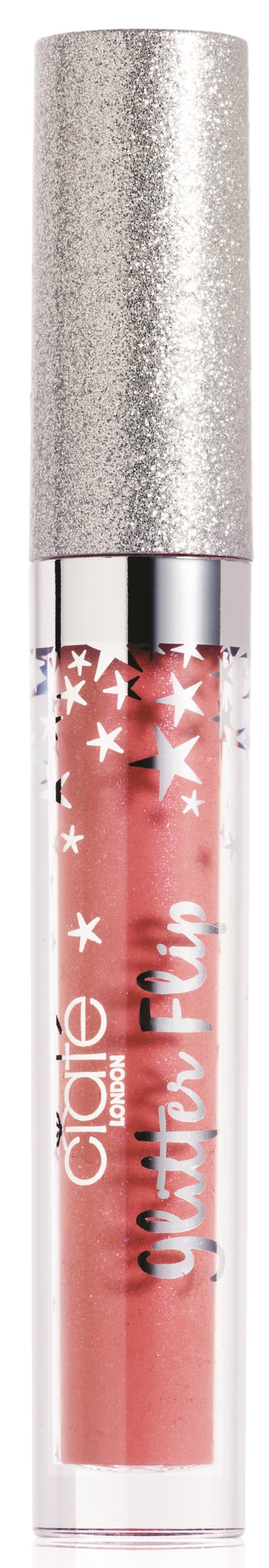 En läppglansrör med rubrik i silverfärg, rosa gloss och stjärndekorationer på röret.