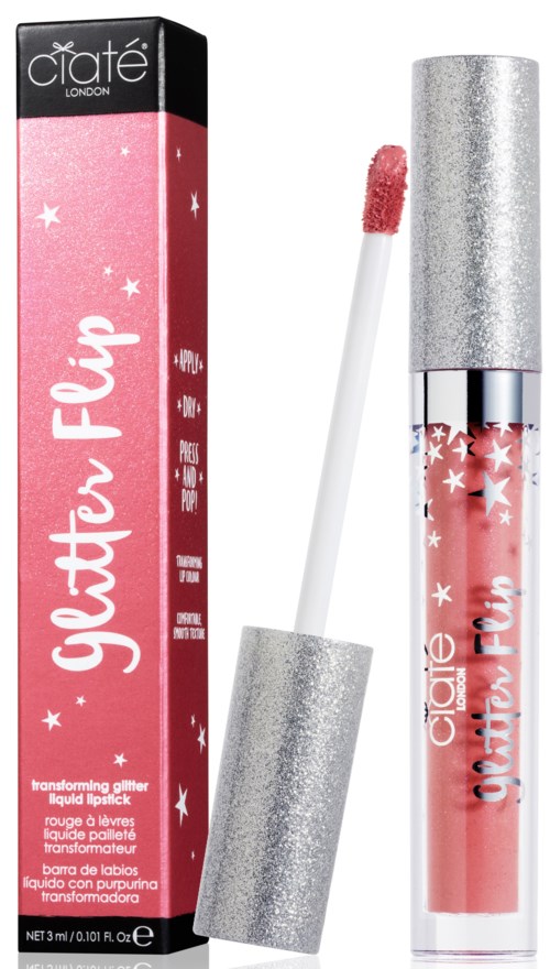 En glitterig silver- och rosa läppglansrör med pensel, märkt 'Glam Fizz' av Ciaté London, med en rosa förpackning.