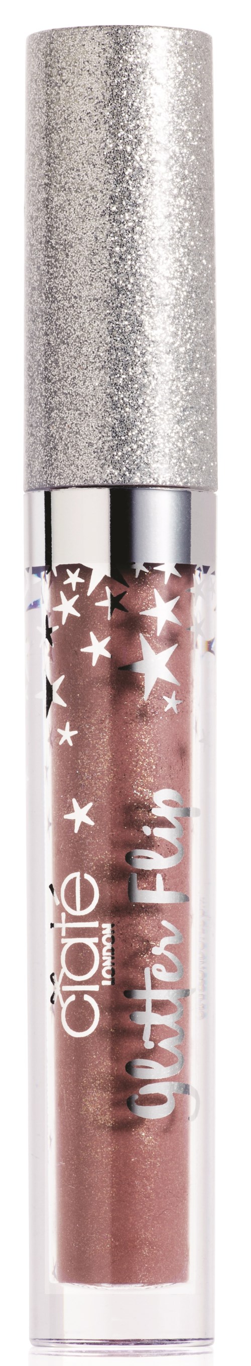 En läppglansrör med glittering silverlock och glänsande rosafärgad vätska inuti, dekorerad med vita stjärnor.