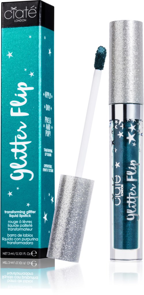 S glittrande blå flytande läppstift med stjärnor, i ett rör med silverlock, och en applikator.