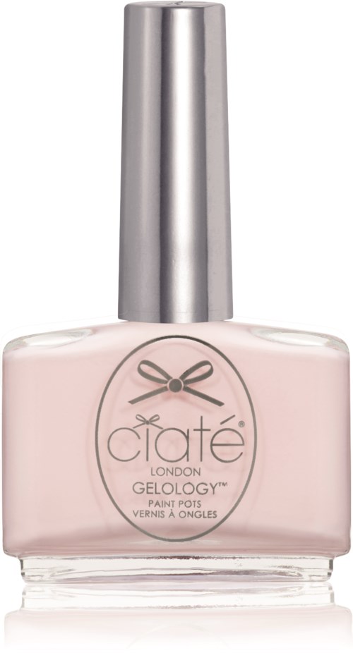 En ljusrosa nagellackflaska med silvrig topp och rund etikett som säger Ciaté London Gelology.