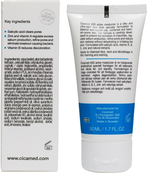 Produkt do pielęgnacji skóry z instrukcjami, składnikami i informacjami w języku szwedzkim na białej tubce i opakowaniu.