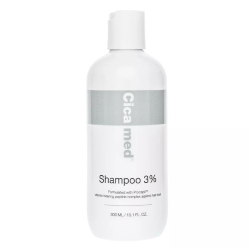 Biała butelka z szarym etykietą na shampoo, oznaczona jako "Cica med" i "Shampoo 3%."