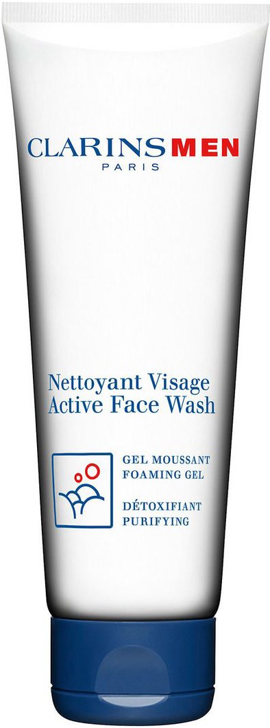 Clarins Men kasvojenpuhdistusaine putkassa, jossa sinistä ja punaista tekstiä, sininen kansi.