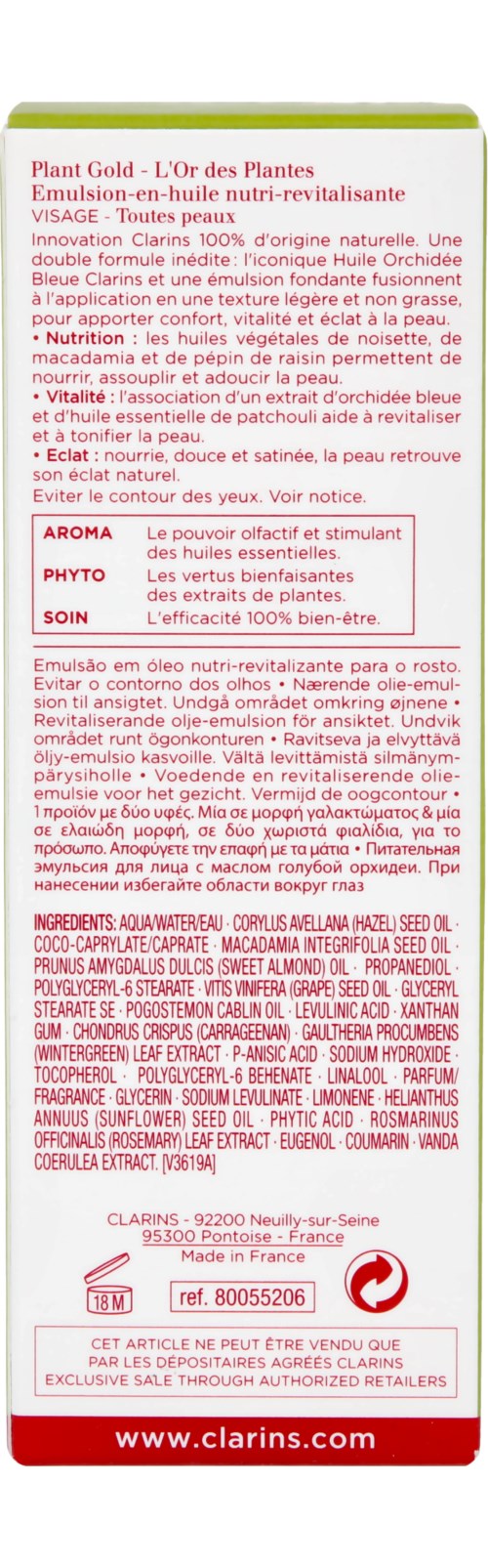 Ett hudvårdsproduktpaket med fransk text, som lyfter fram ingredienser, fördelar och användningsinstruktioner.