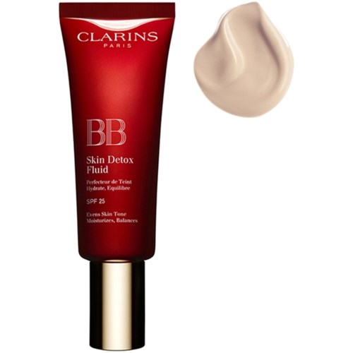 En röd tub med Clarins BB Skin Detox Fluid och en klick kräm bredvid. Tuben har guld längst ned och SPF 25.