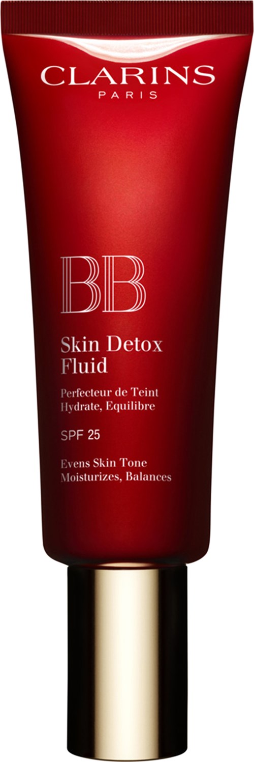 En röd tub med Clarins BB Skin Detox Fluid med SPF 25. Den ger jämn hudton och balans.