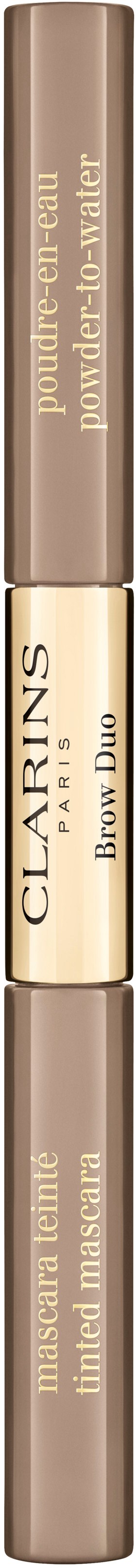 Ett beige och brunt kosmetiskt föremål i form av en penna med text, för brynstyling och mascara.