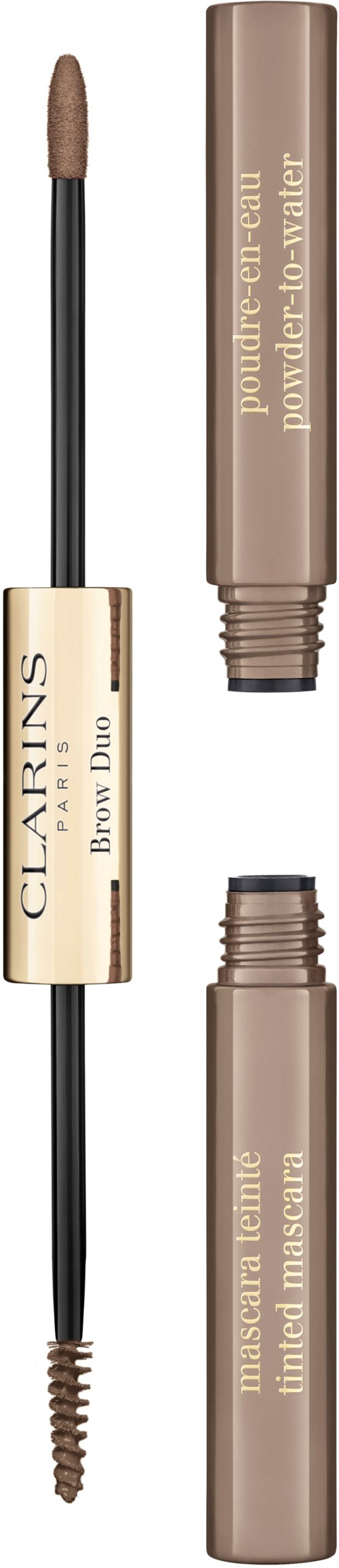 En ögonbrynsduo med en borste i ena änden och en vridbar tub i andra. Texten säger Clarins Brow Duo.