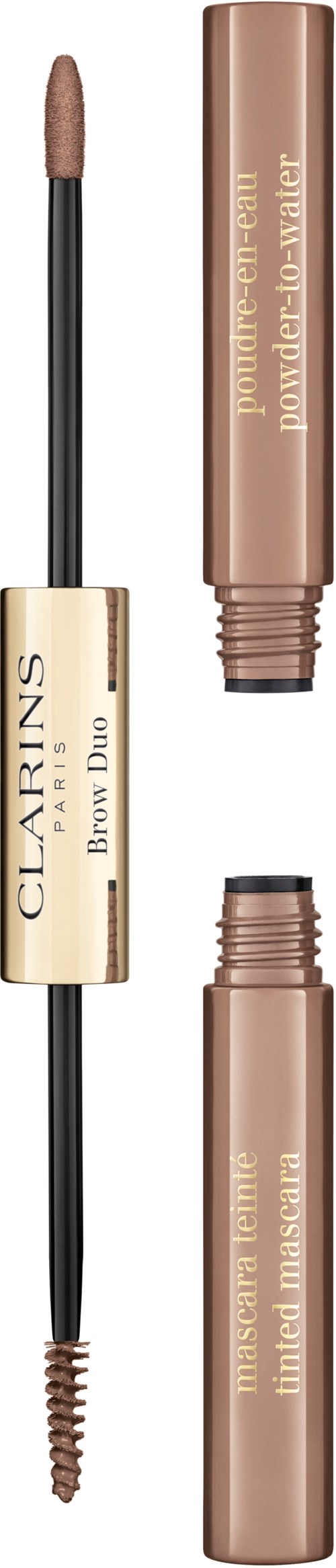 A dual-ended brow gel with a spoolie brush on one side and a tube of product on the other.