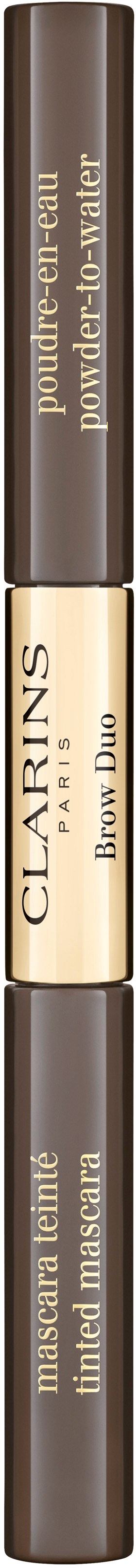 Ett dubbeländat ögonbrynssats med kräm och puder, märkta för naturligt utseende och definierade ögonbryn, i svart och beige förpackning.