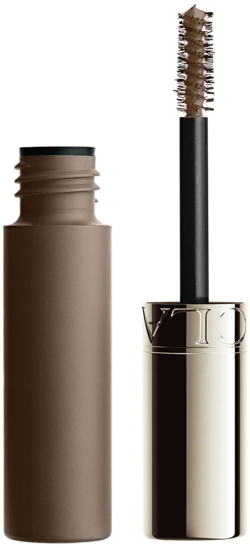 Ett brunt mascara rör med en silverlock och en borste. Borsten har många borst för att applicera mascara.