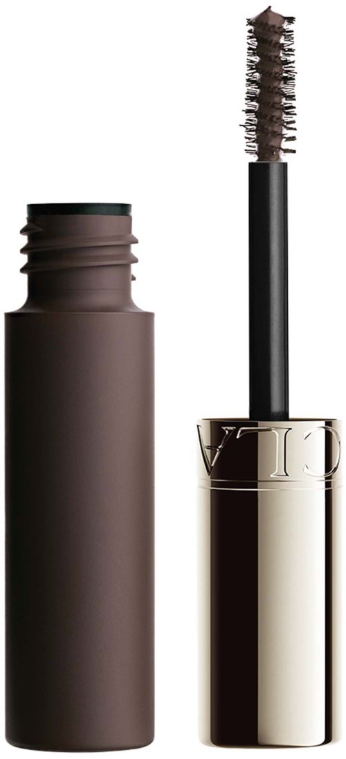 Ett brunt mascara-rör med en öppen borste som visar mascaraprodukten inuti.