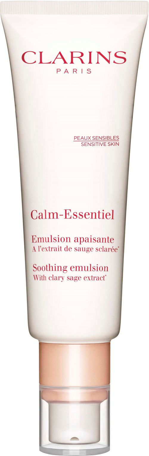 Eine weiße Tube mit rosa Streifen und klarem Verschluss, labeled Clarins Paris, für beruhigende Emulsion bei empfindlicher Haut.