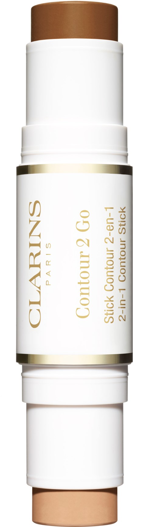 A white and gold cosmetic stick labeled Clarins Contour Go for skin contouring and fat reduction.