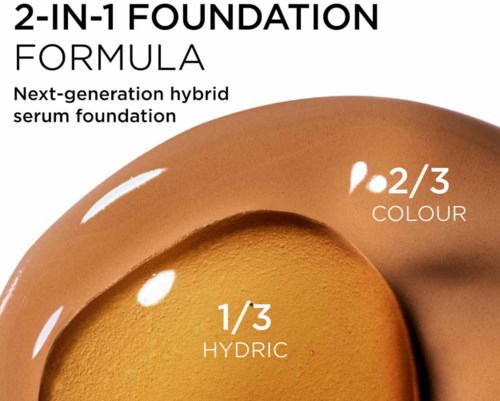 Texten förklarar en foundation med tre delar: 1/3 hydrik, 2/3 färg, nästa generations hybridserum.