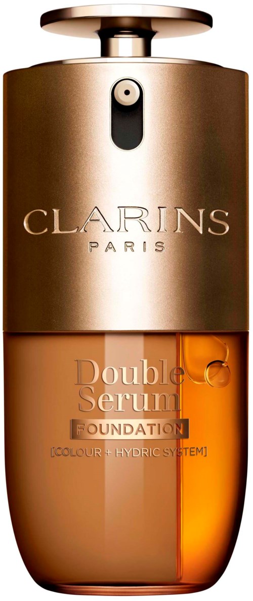 En guldfärgad och bärnstensfärgad flaska av Clarins Paris Double Serum Foundation med en slank design.