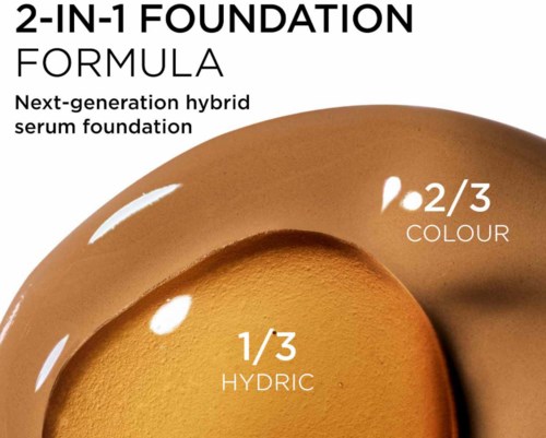 Texten beskriver en makeupgrundläggning med tre delar: hydric, 2/3 färg och 1/3 serum.