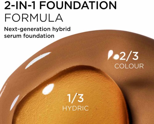 Text om en foundation med tre delar: hydric, 1/3; färg, 2/3. Beskriver en hybrid serumfoundation.