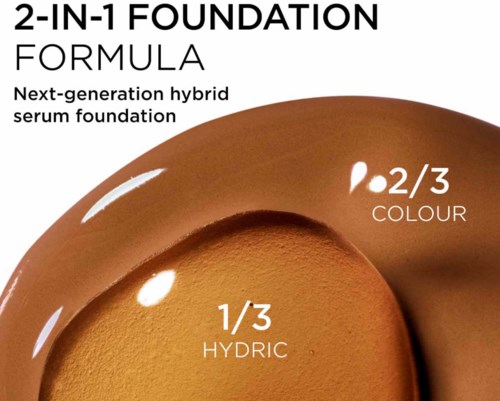 Bilden visar en foundationblandning med tre delar: 1/3 hydric och 2/3 färg, förklarar en hybrid serumfoundation.
