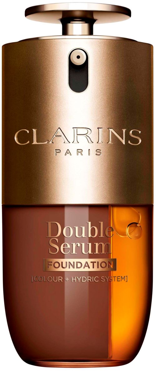 Clarins Paris Double Serum Foundation flaska med guld och brunt design och pump."