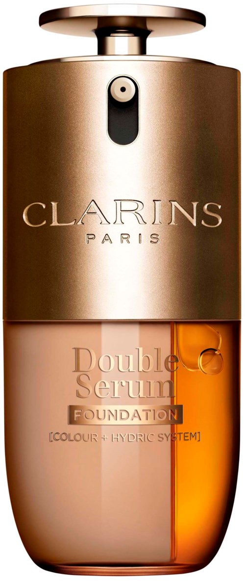 En guldfärgad och orange flaska med Clarins Paris Double Serum Foundation och pump.