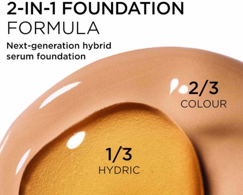 Texten förklarar en foundationformel med tre delar: 1/3 hydric, 2/3 färg, nästa generations hybridserum.