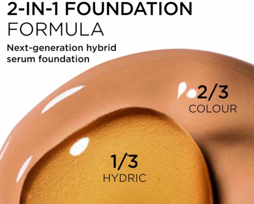 En grundbild visar beige och mörkare brunt smink med text som beskriver en 2-i-1 hybridserumgrund, med betoning på ingrediensförhållanden.