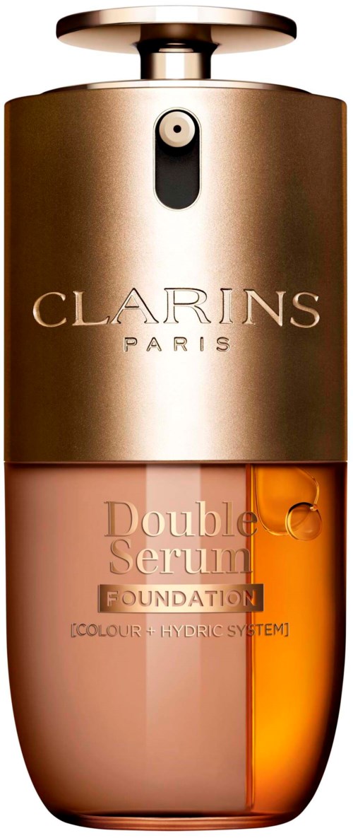 Guldfärgad och bärnstensfärgad flaska med Clarins-logga, innehållande dubbelserumgrundning, återfuktande formula.