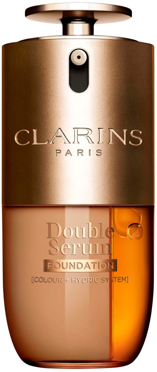 En guldfärgad och bärnstensfärgad flaska av Clarins Paris Double Serum Foundation med sprayhuvud.